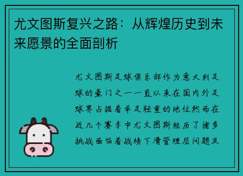 尤文图斯复兴之路：从辉煌历史到未来愿景的全面剖析