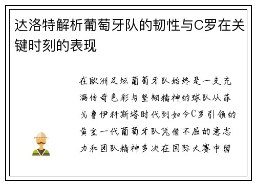 达洛特解析葡萄牙队的韧性与C罗在关键时刻的表现