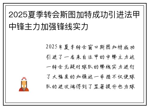 2025夏季转会斯图加特成功引进法甲中锋主力加强锋线实力